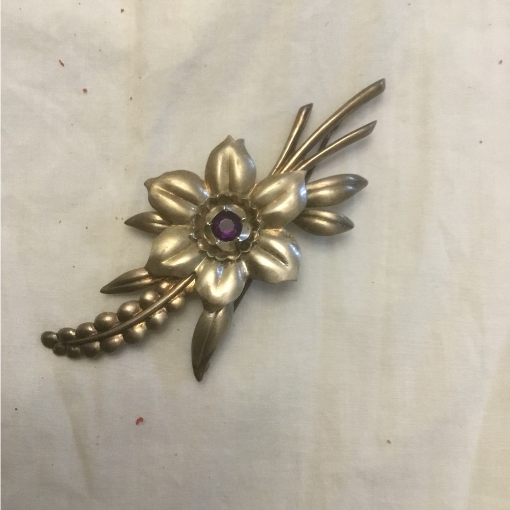 Vintage Sterling Silver Flower Brooch with Purple Stone